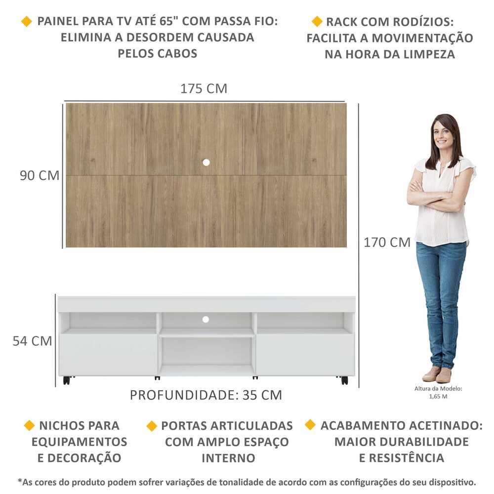 Rack com Painel TV 65" com Rodízios e 2 portas Londres Multimóveis Branco/Rustic