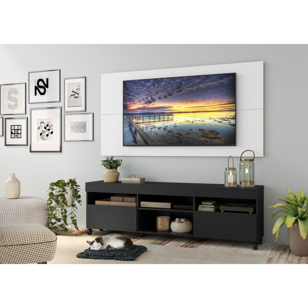 Rack com Painel TV 65" com Rodízios e 2 portas Londres Multimóveis Preto/Branco