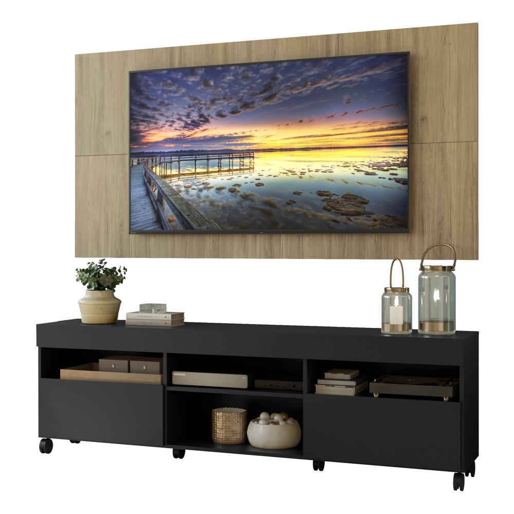 Rack com Painel TV 65" com Rodízios e 2 portas Londres Multimóveis Preto/Rustic