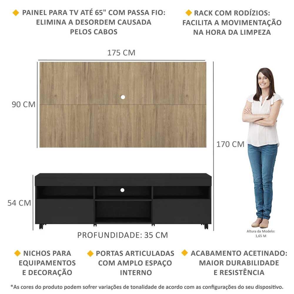 Rack com Painel TV 65" com Rodízios e 2 portas Londres Multimóveis Preto/Rustic