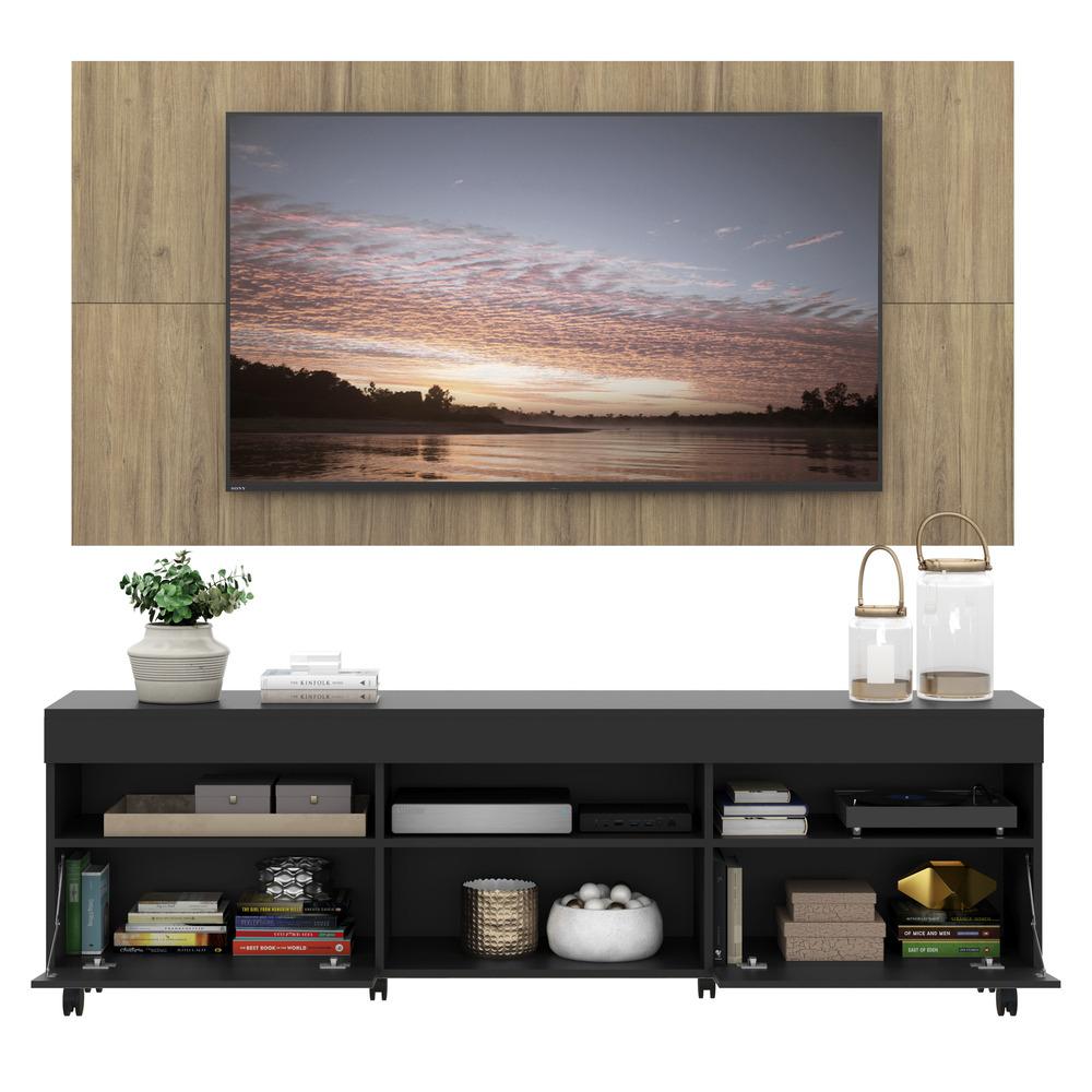 Rack com Painel TV 65" com Rodízios e 2 portas Londres Multimóveis Preto/Rustic