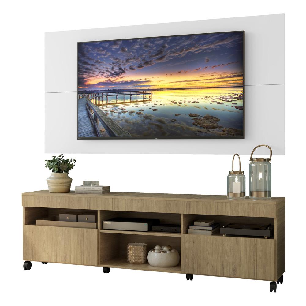 Rack com Painel TV 65" com Rodízios e 2 portas Londres Multimóveis Rustic/Branco