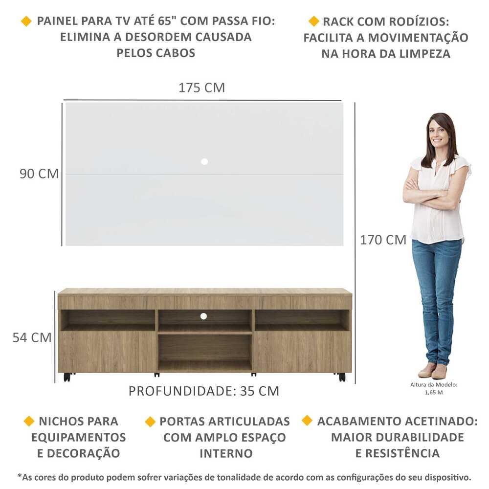 Rack com Painel TV 65" com Rodízios e 2 portas Londres Multimóveis Rustic/Branco