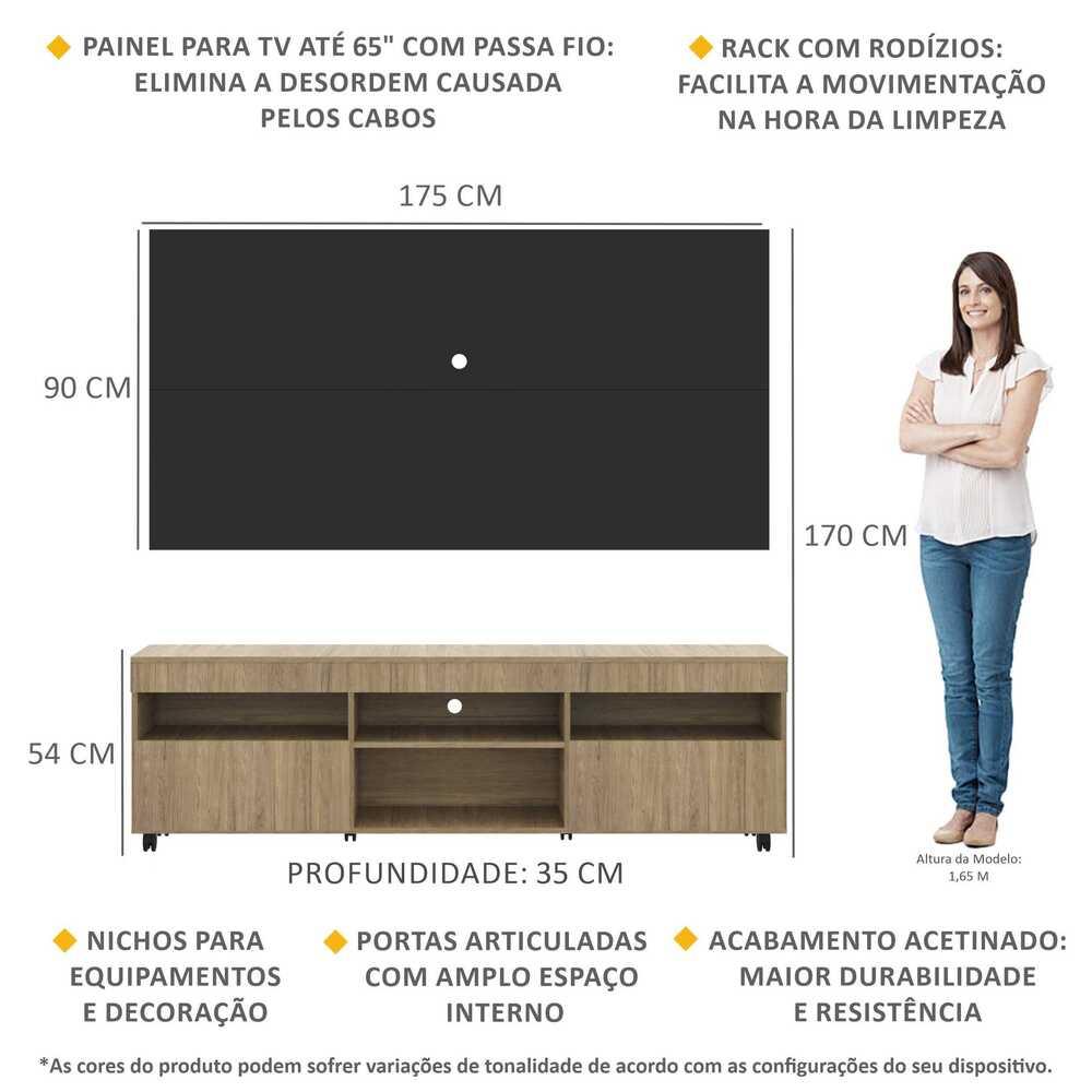 Rack com Painel TV 65" com Rodízios e 2 portas Londres Multimóveis Rustic/Preto