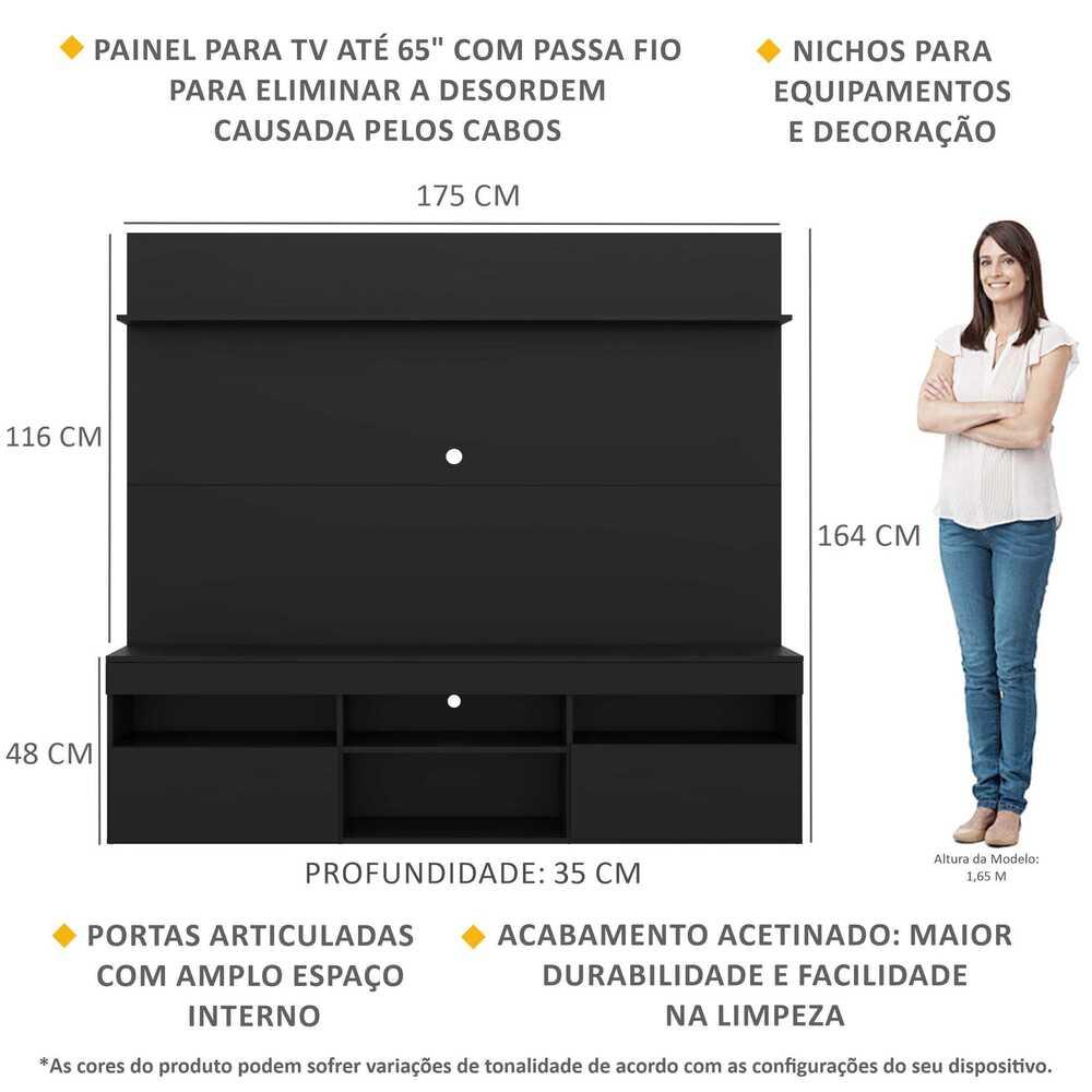 Rack com Painel TV 65" e Prateleira Madri Multimóveis Preto