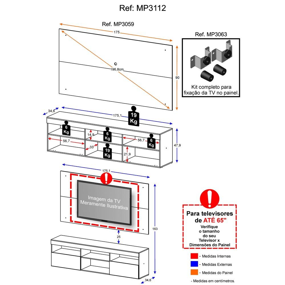 Rack com Painel e Suporte P/TV até 65" Flórida Multimóveis Duna