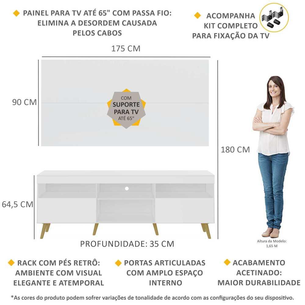 Rack com Painel e Suporte TV 65" Londres Multimóveis Pés Retrô e 2 portas Branco/Natural
