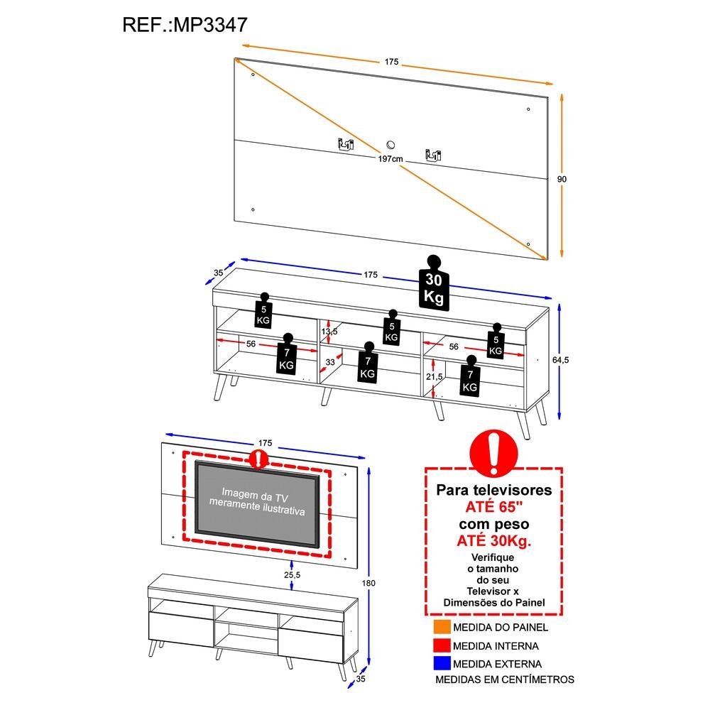 Rack com Painel e Suporte TV 65" Londres Multimóveis Pés Retrô e 2 portas Branco/Preto/Branco