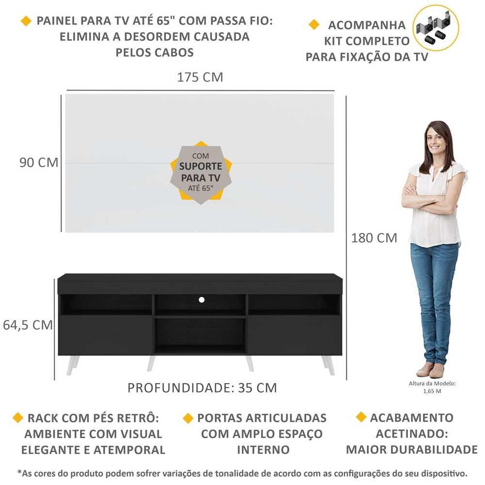 Rack com Painel e Suporte TV 65" Londres Multimóveis Pés Retrô e 2 portas Preto/Branco/Branco