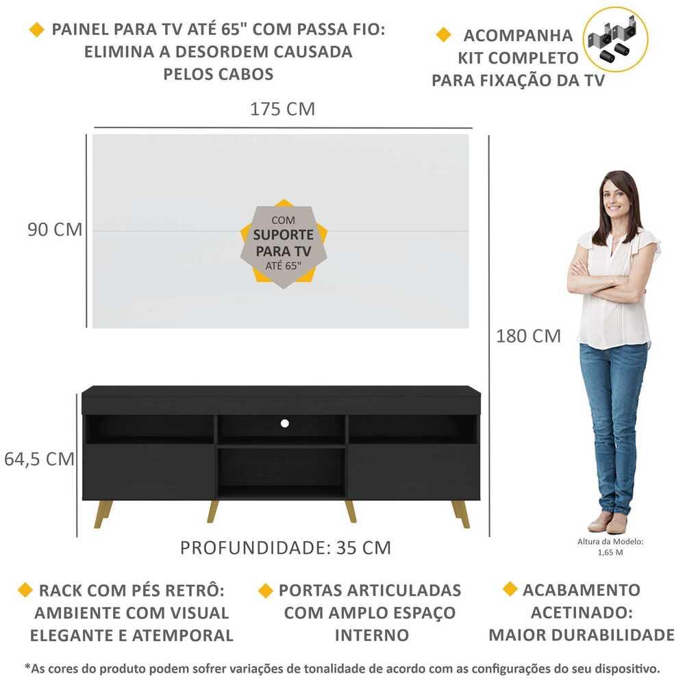 Rack com Painel e Suporte TV 65" Londres Multimóveis Pés Retrô e 2 portas Preto/Branco/Natural