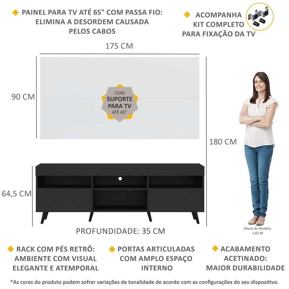 Rack com Painel e Suporte TV 65" Londres Multimóveis Pés Retrô e 2 portas Preto/Branco/Preto