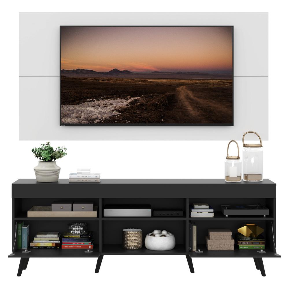 Rack com Painel e Suporte TV 65" Londres Multimóveis Pés Retrô e 2 portas Preto/Branco/Preto