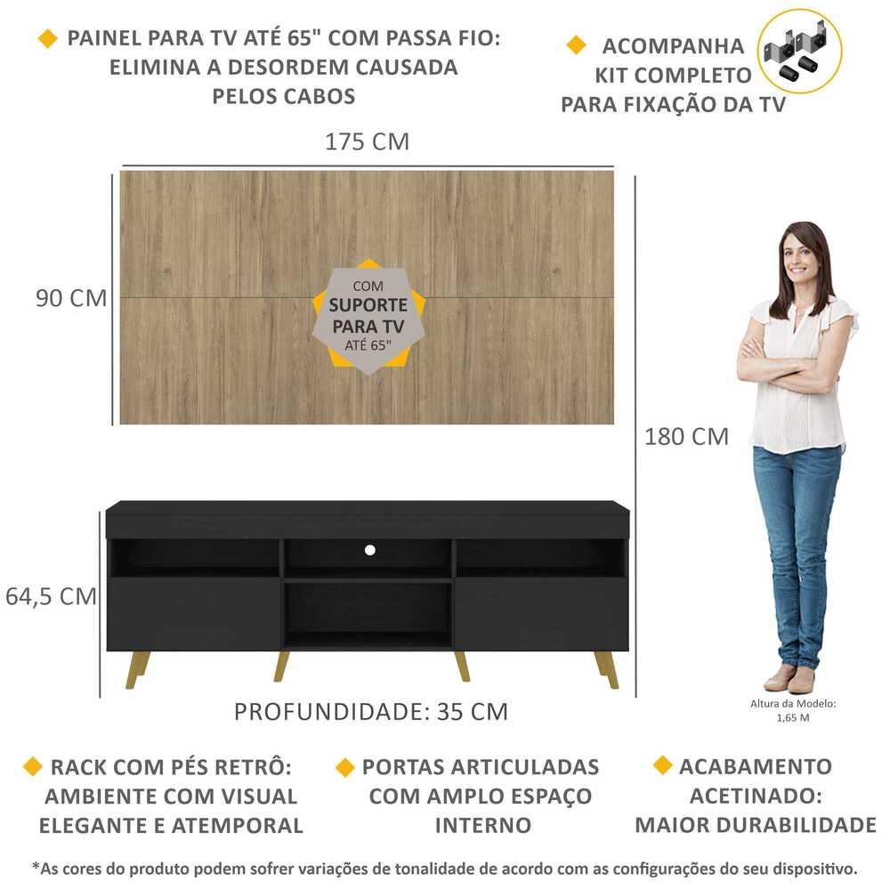 Rack com Painel e Suporte TV 65" Londres Multimóveis Pés Retrô e 2 portas Preto/Rustic/Natural