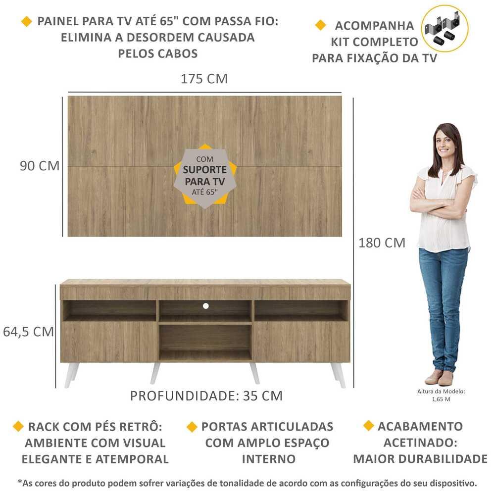 Rack com Painel e Suporte TV 65" Londres Multimóveis Pés Retrô e 2 portas Rustic/Branco