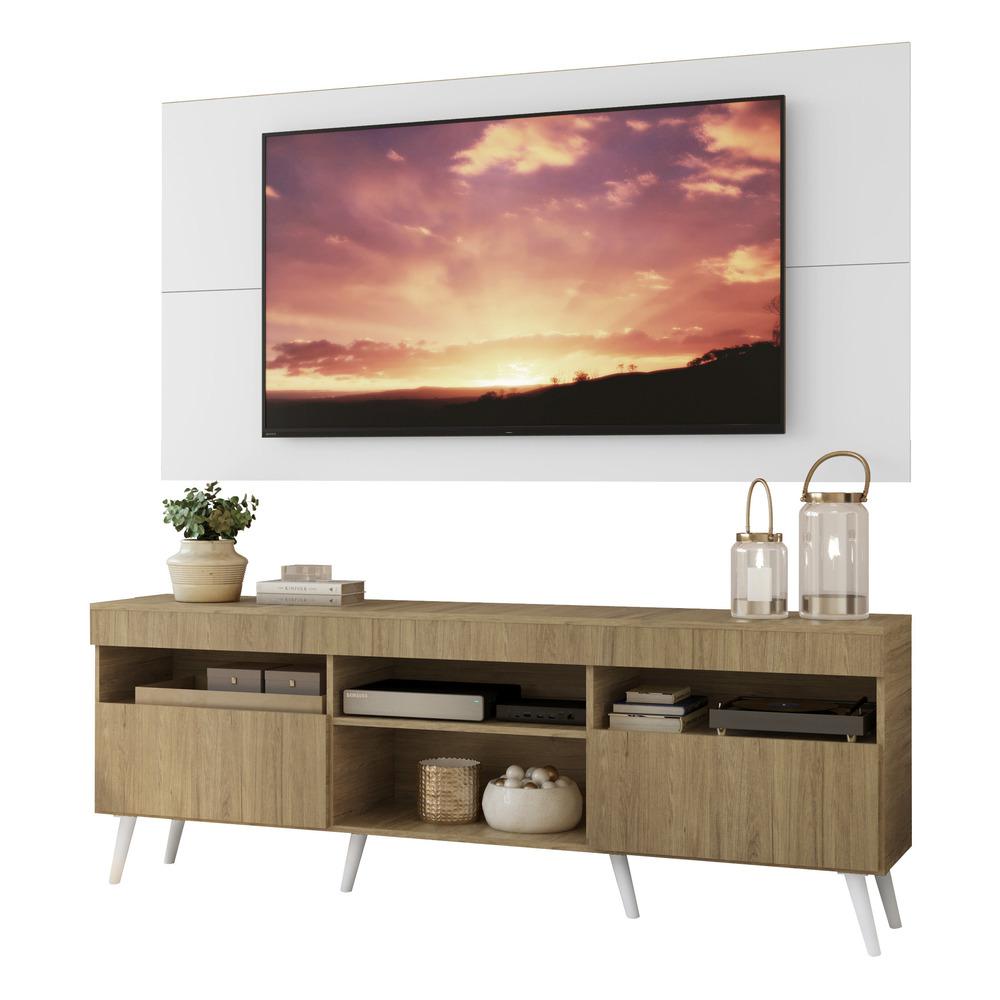 Rack com Painel e Suporte TV 65" Londres Multimóveis Pés Retrô e 2 portas Rustic/Branco/Branco