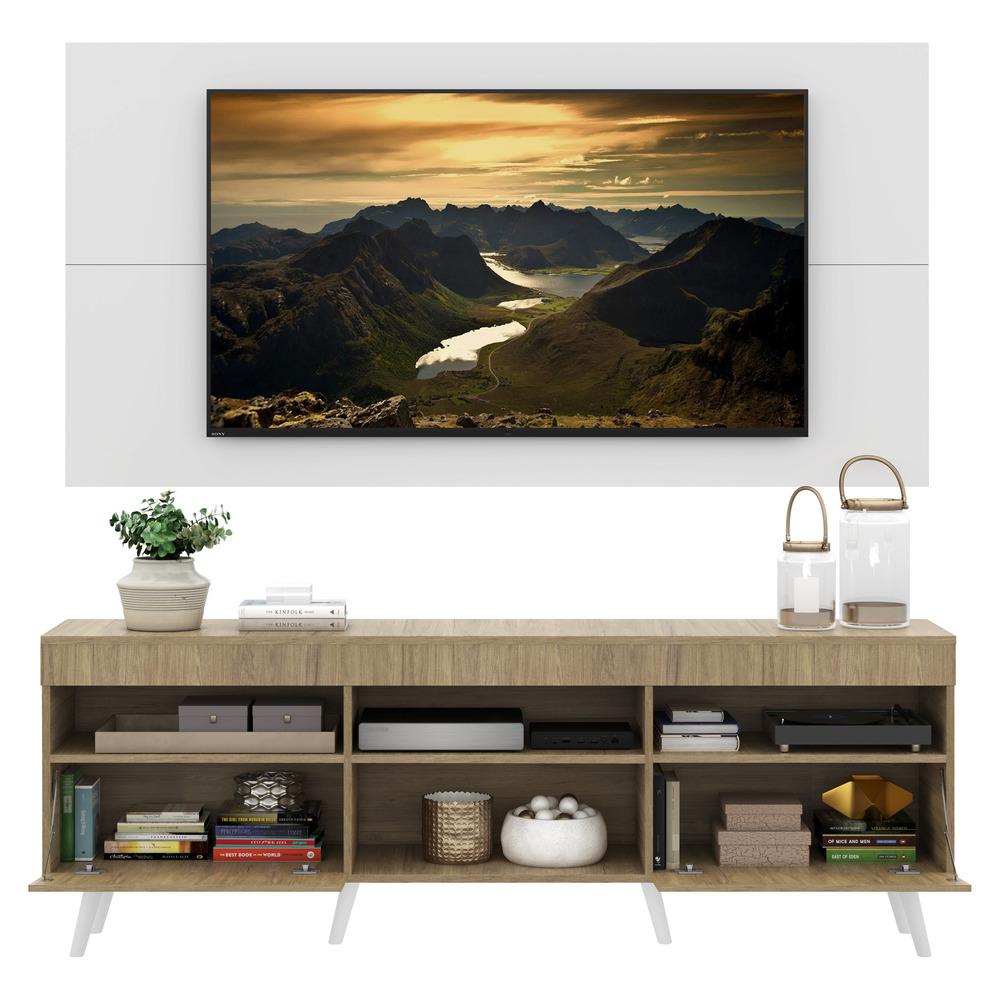 Rack com Painel e Suporte TV 65" Londres Multimóveis Pés Retrô e 2 portas Rustic/Branco/Branco