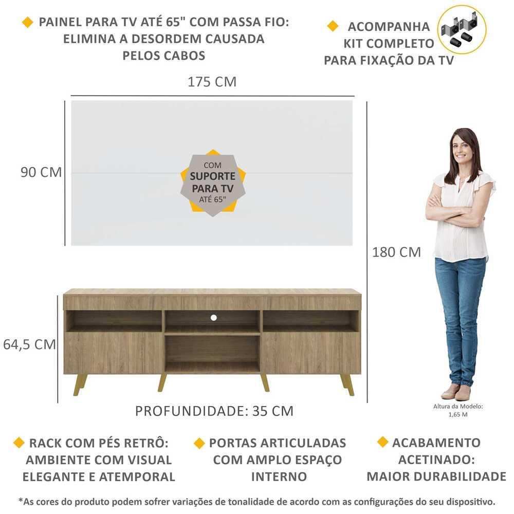 Rack com Painel e Suporte TV 65" Londres Multimóveis Pés Retrô e 2 portas Rustic/Branco/Natural