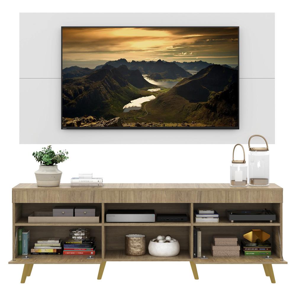 Rack com Painel e Suporte TV 65" Londres Multimóveis Pés Retrô e 2 portas Rustic/Branco/Natural