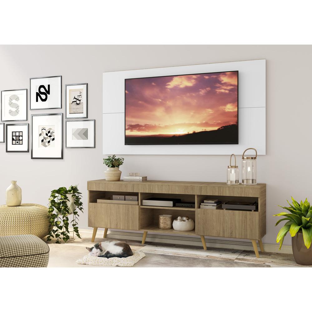 Rack com Painel e Suporte TV 65" Londres Multimóveis Pés Retrô e 2 portas Rustic/Branco/Natural