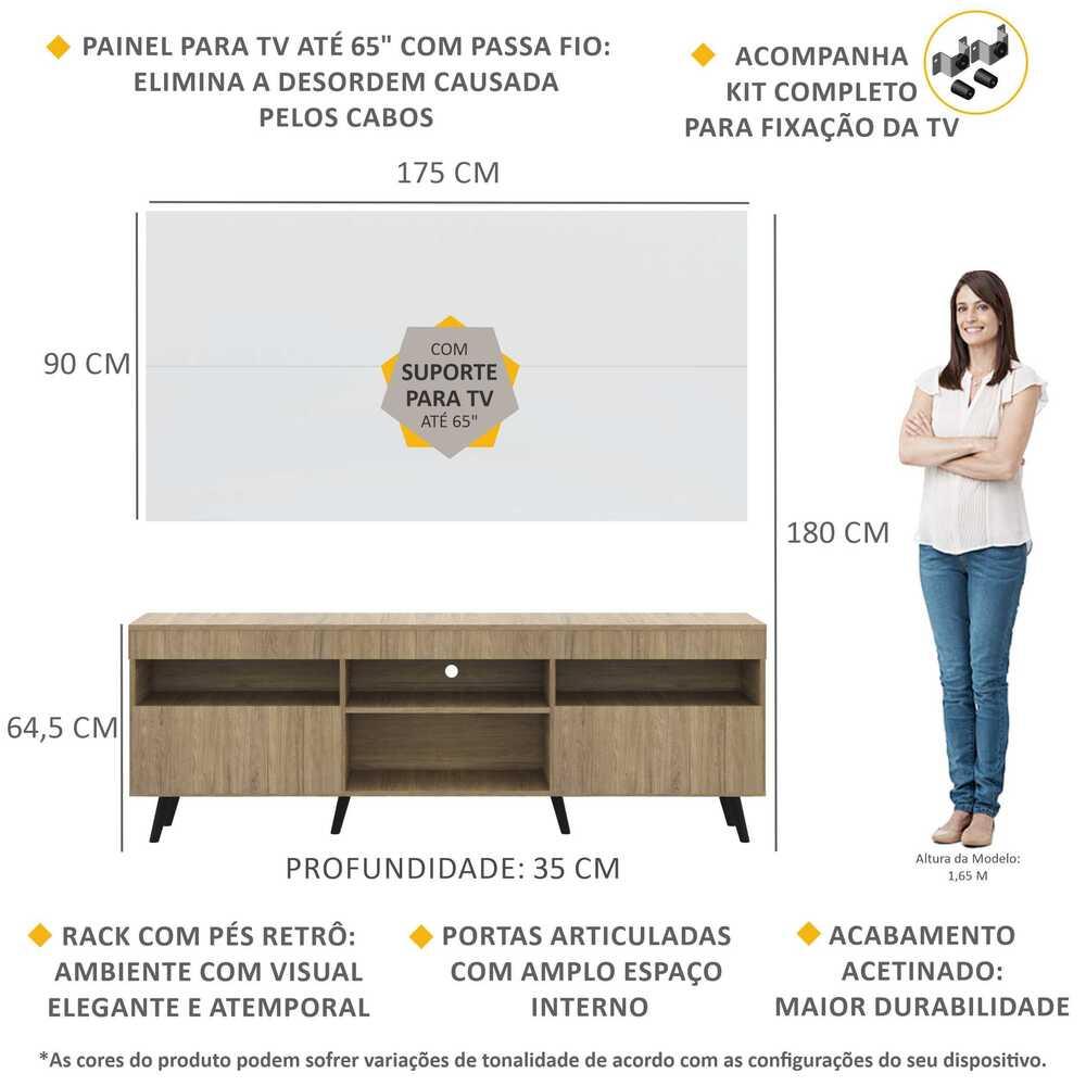 Rack com Painel e Suporte TV 65" Londres Multimóveis Pés Retrô e 2 portas Rustic/Branco/Preto