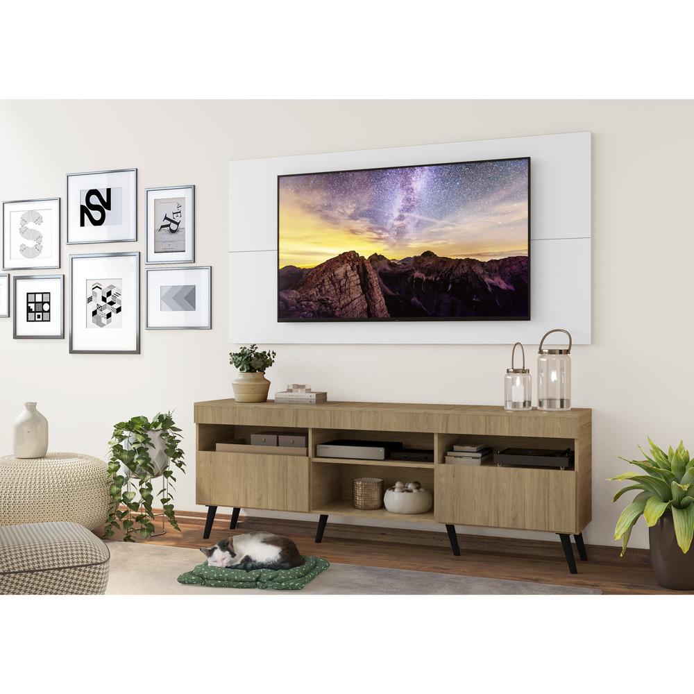 Rack com Painel e Suporte TV 65" Londres Multimóveis Pés Retrô e 2 portas Rustic/Branco/Preto