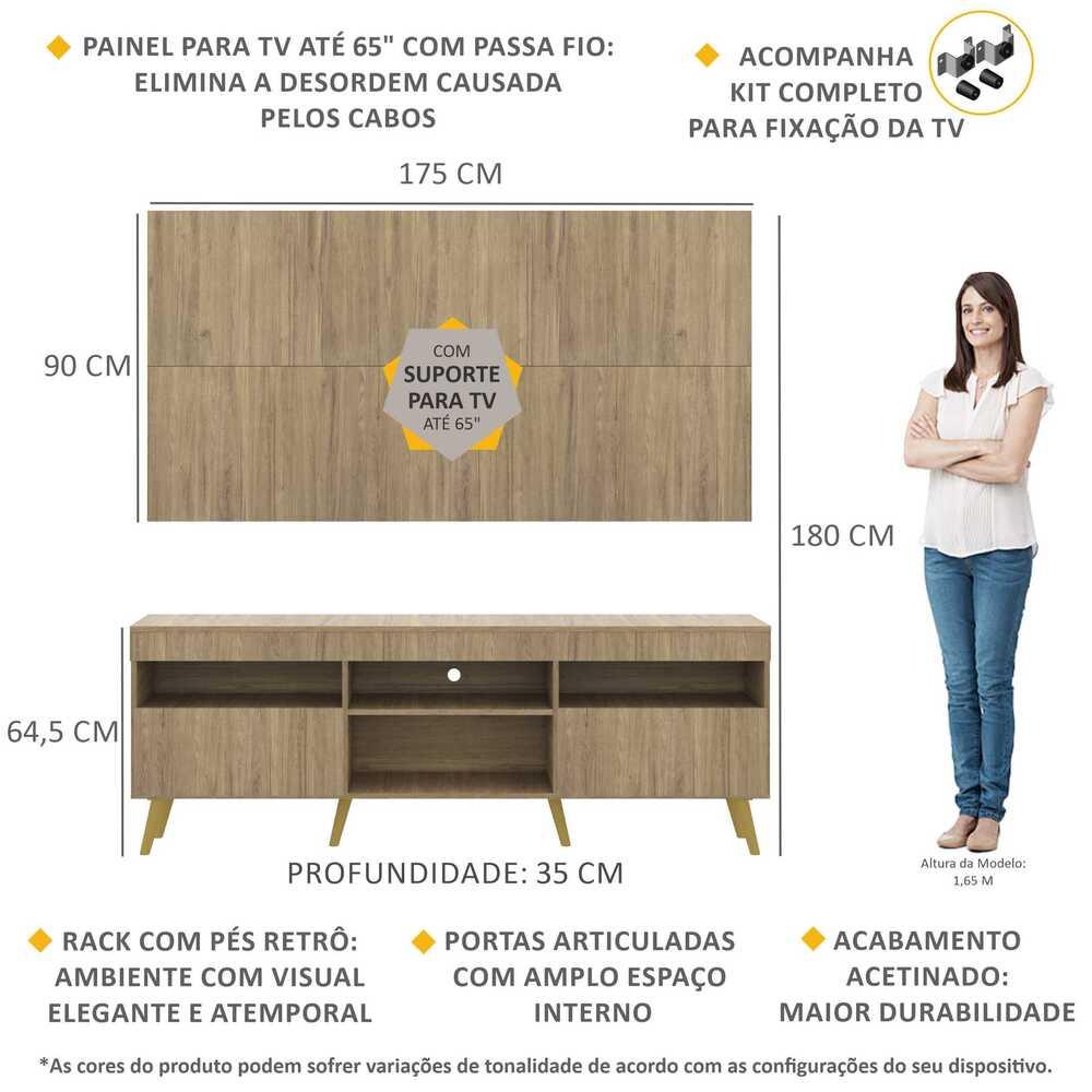 Rack com Painel e Suporte TV 65" Londres Multimóveis Pés Retrô e 2 portas Rustic/Natural