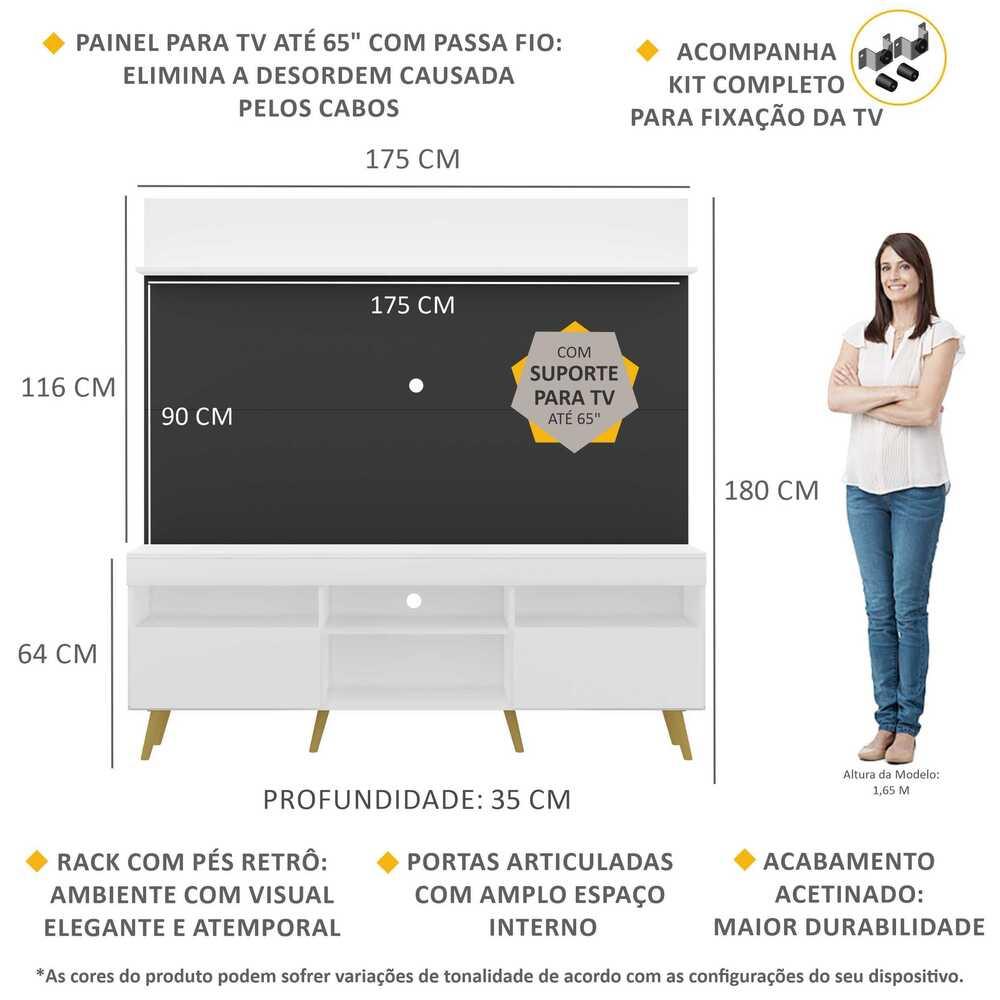 Rack com Painel e Suporte TV 65" Madri Multimóveis Branco/Preto com Prateleira e Pés Retrô Natural