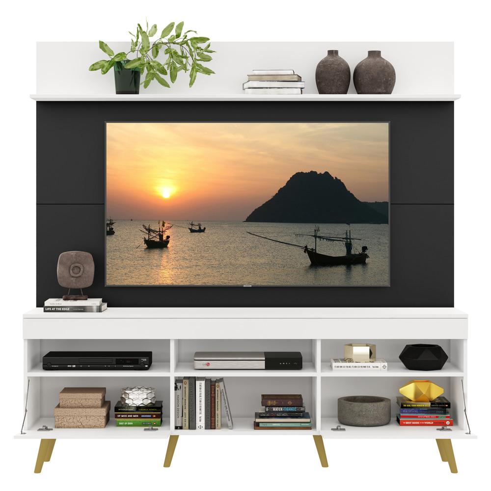 Rack com Painel e Suporte TV 65" Madri Multimóveis Branco/Preto com Prateleira e Pés Retrô Natural