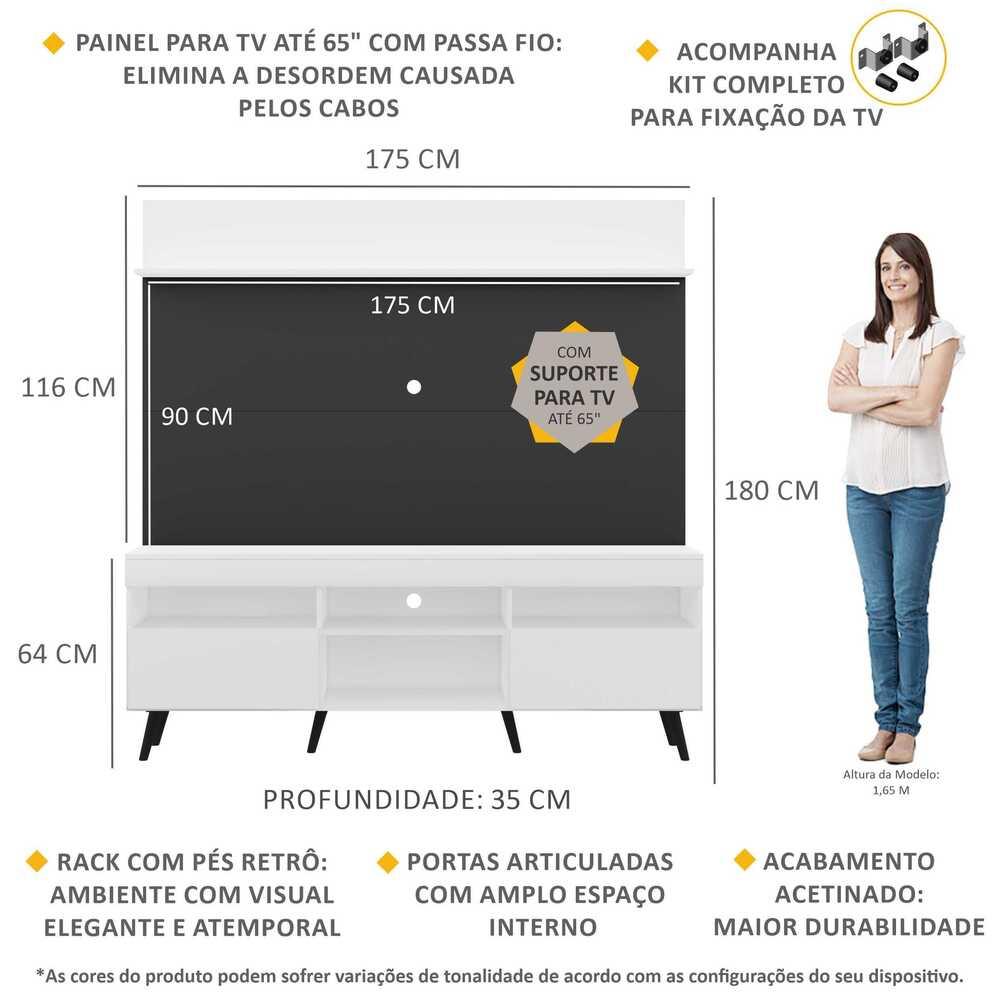 Rack com Painel e Suporte TV 65" Madri Multimóveis Branco/Preto com Prateleira e Pés Retrô Preto