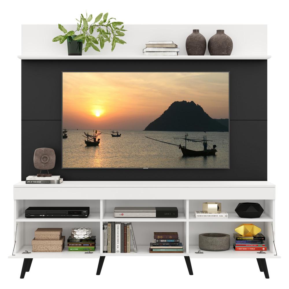 Rack com Painel e Suporte TV 65" Madri Multimóveis Branco/Preto com Prateleira e Pés Retrô Preto