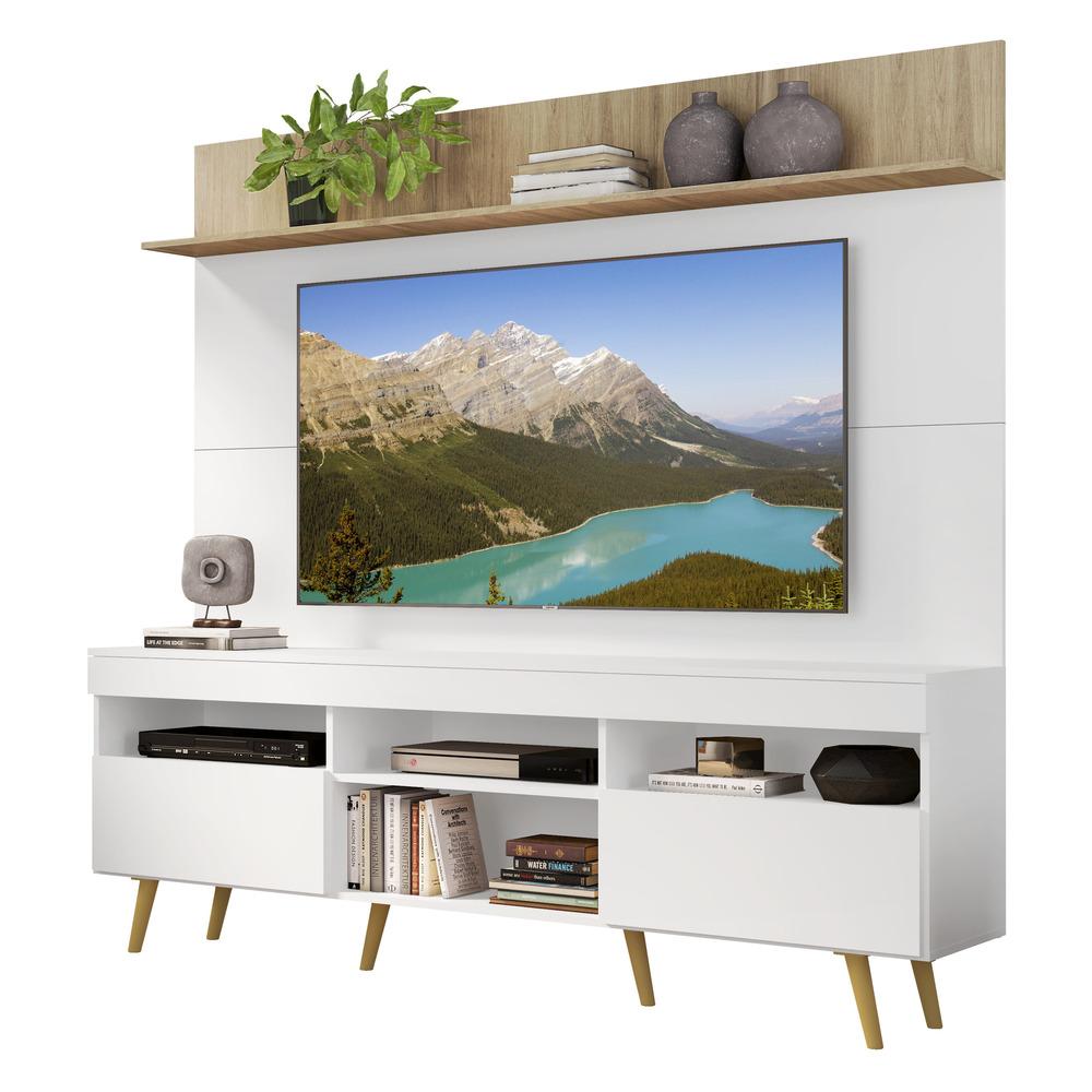 Rack com Painel e Suporte TV 65" Madri Multimóveis Branco/Rustic com Prateleira e Pés Retrô Natural