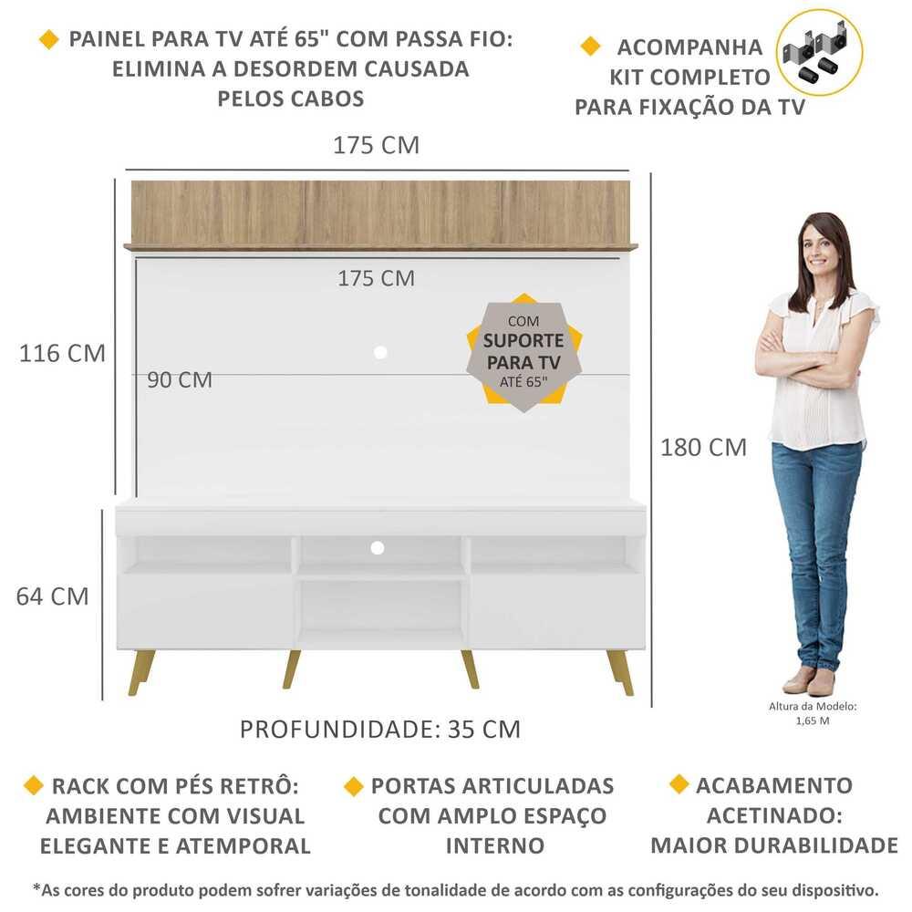 Rack com Painel e Suporte TV 65" Madri Multimóveis Branco/Rustic com Prateleira e Pés Retrô Natural