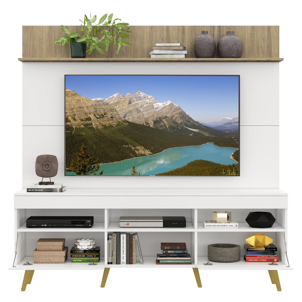 Rack com Painel e Suporte TV 65" Madri Multimóveis Branco/Rustic com Prateleira e Pés Retrô Natural