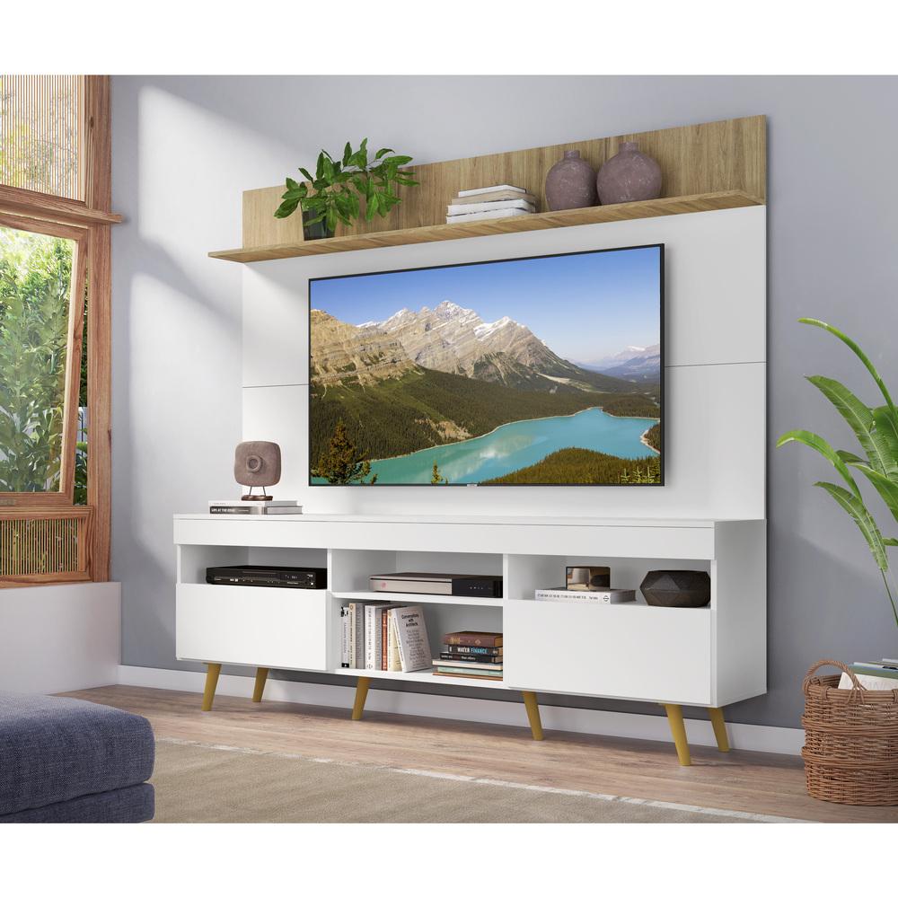 Rack com Painel e Suporte TV 65" Madri Multimóveis Branco/Rustic com Prateleira e Pés Retrô Natural