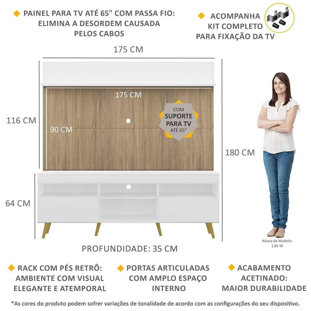 Rack com Painel e Suporte TV 65" Madri Multimóveis Branco/Rustic com Prateleira e Pés Retrô Natural