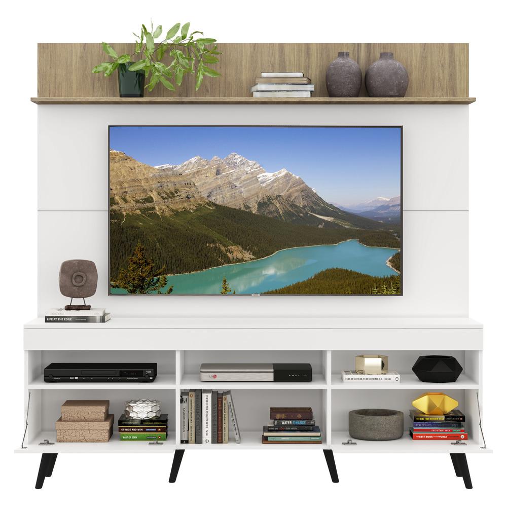 Rack com Painel e Suporte TV 65" Madri Multimóveis Branco/Rustic com Prateleira e Pés Retrô Preto