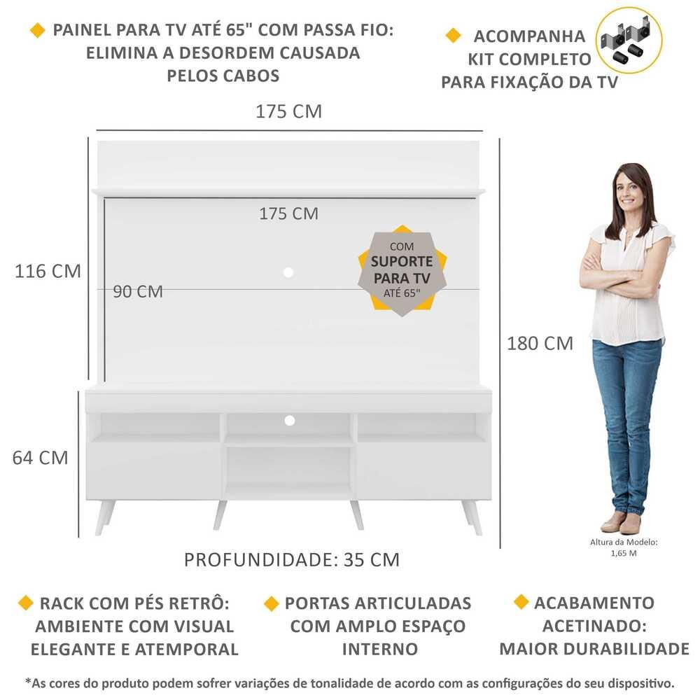 Rack com Painel e Suporte TV 65" Madri Multimóveis Pés Retrô e Prateleira Branco