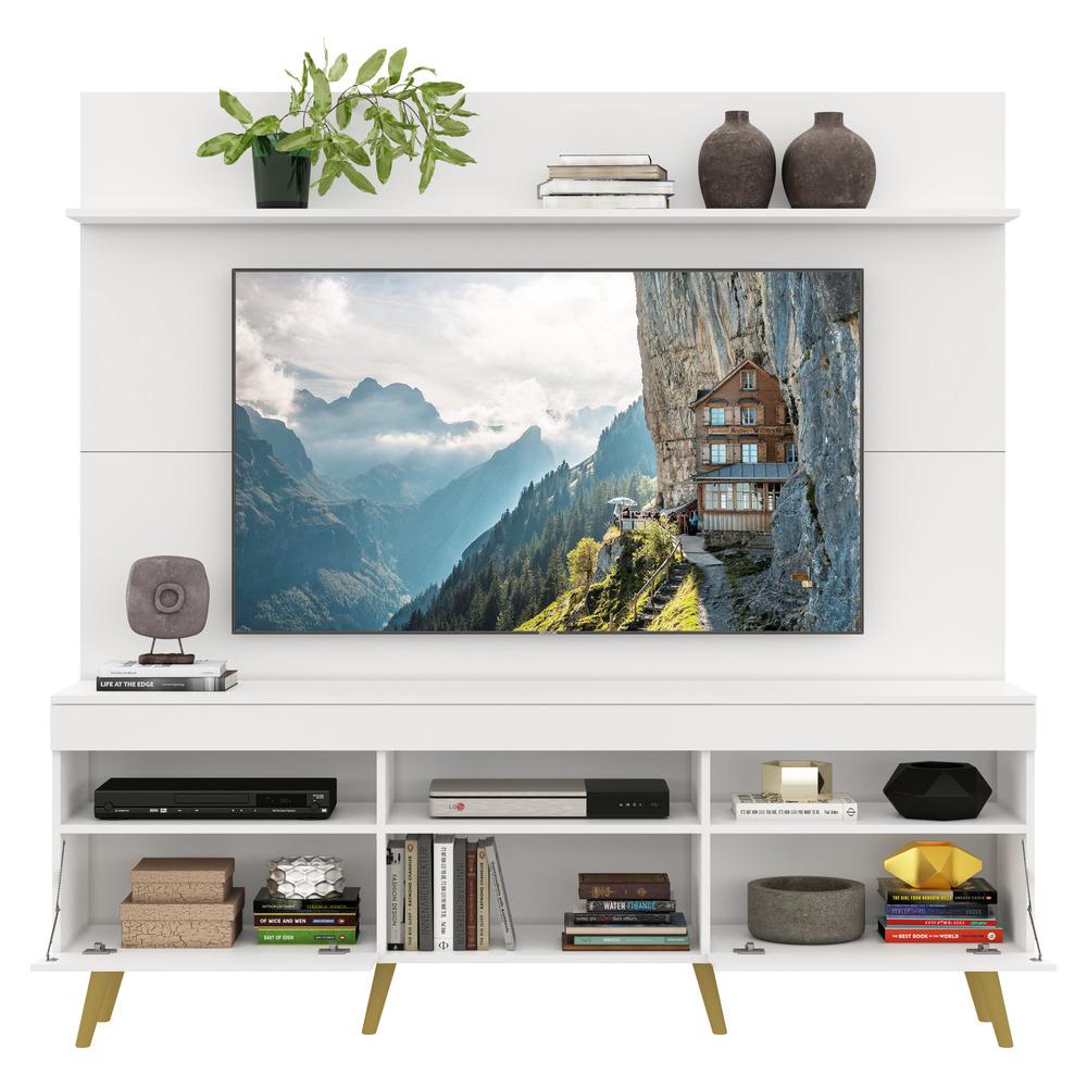 Rack com Painel e Suporte TV 65" Madri Multimóveis Pés Retrô e Prateleira Branco/Natural