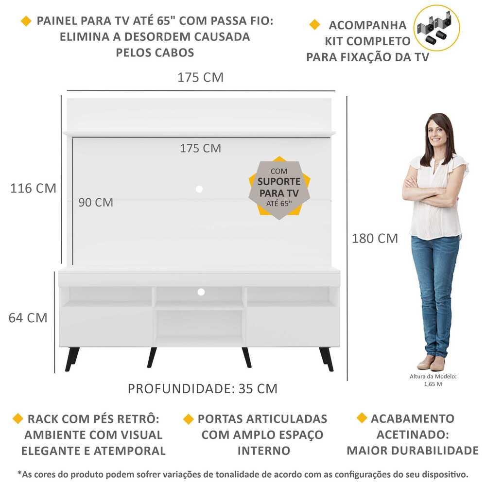 Rack com Painel e Suporte TV 65" Madri Multimóveis Pés Retrô e Prateleira Branco/Preto