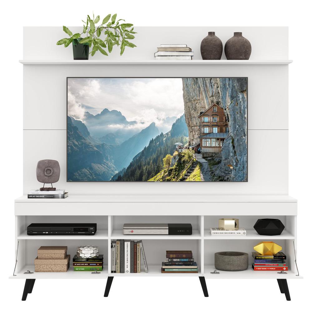 Rack com Painel e Suporte TV 65" Madri Multimóveis Pés Retrô e Prateleira Branco/Preto