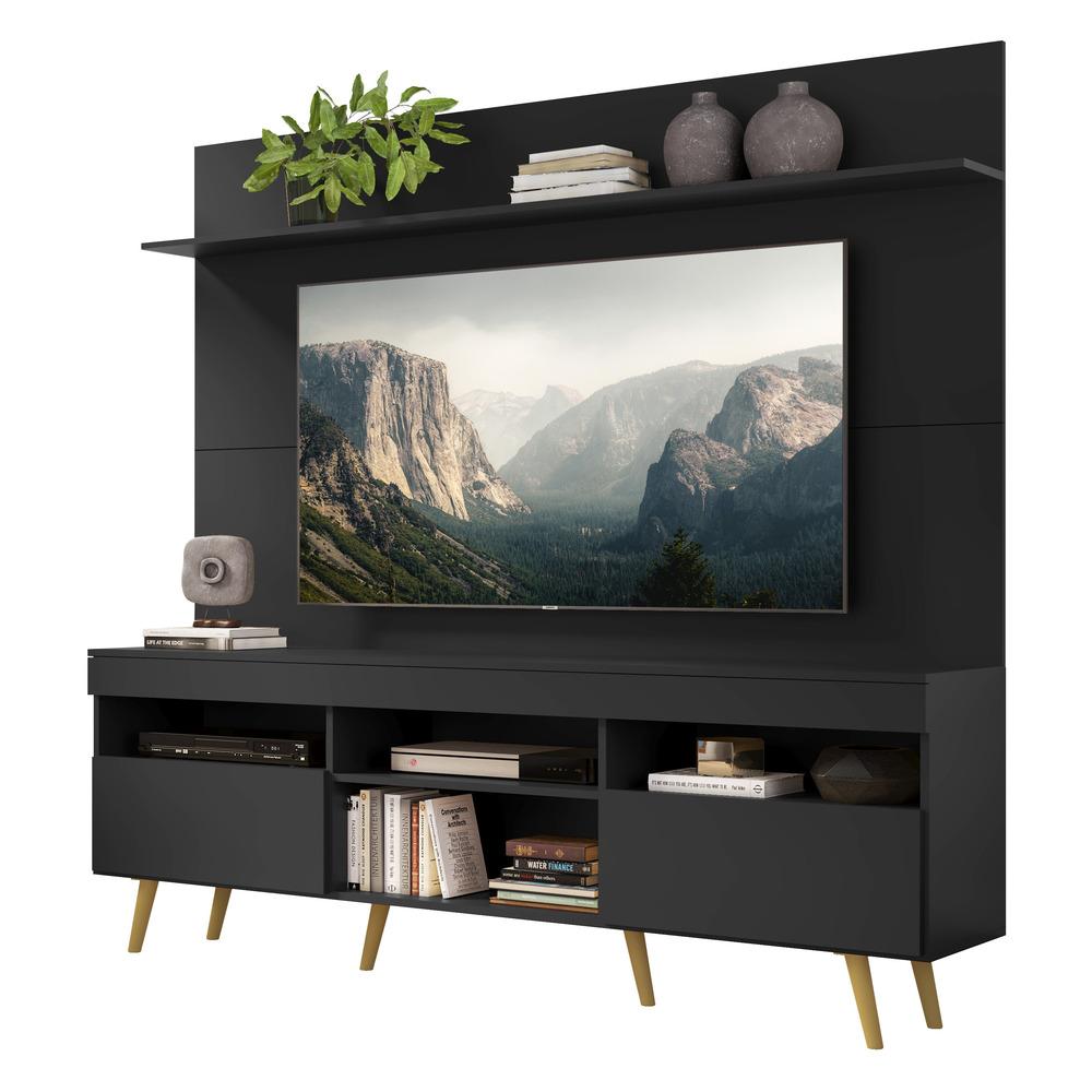 Rack com Painel e Suporte TV 65" Madri Multimóveis Pés Retrô e Prateleira Preto/Natural