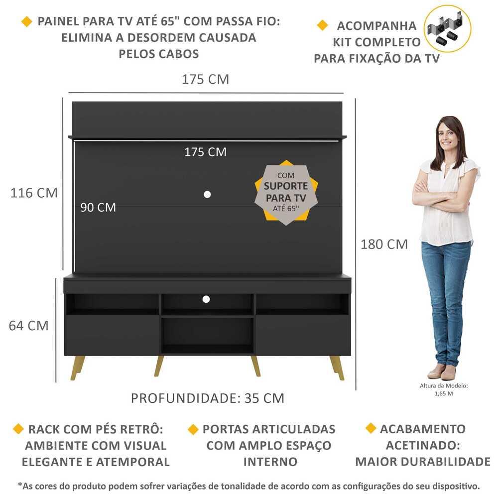 Rack com Painel e Suporte TV 65" Madri Multimóveis Pés Retrô e Prateleira Preto/Natural