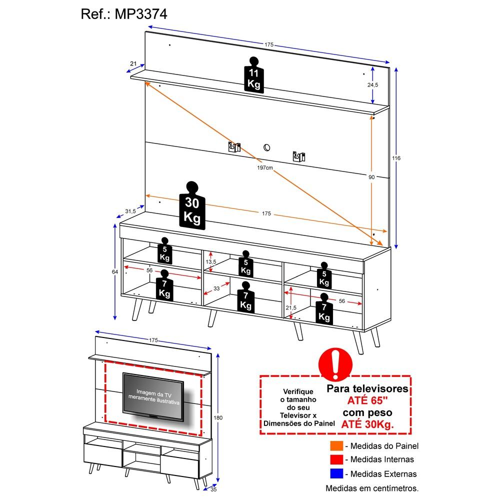 Rack com Painel e Suporte TV 65" Madri Multimóveis Pés Retrô e Prateleira Preto/Natural