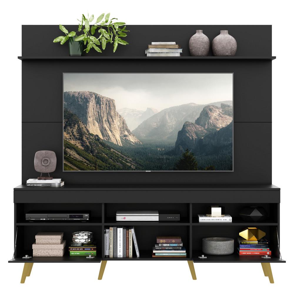 Rack com Painel e Suporte TV 65" Madri Multimóveis Pés Retrô e Prateleira Preto/Natural