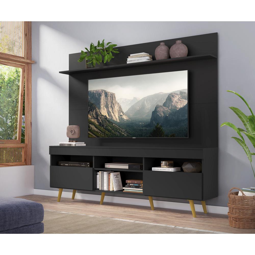 Rack com Painel e Suporte TV 65" Madri Multimóveis Pés Retrô e Prateleira Preto/Natural