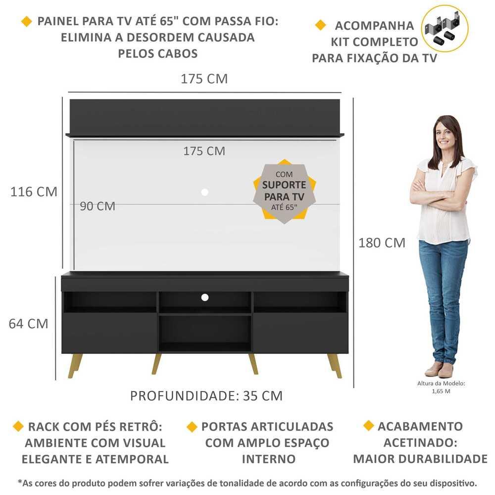 Rack com Painel e Suporte TV 65" Madri Multimóveis Preto/Branco com Prateleira e Pés Retrô Natural