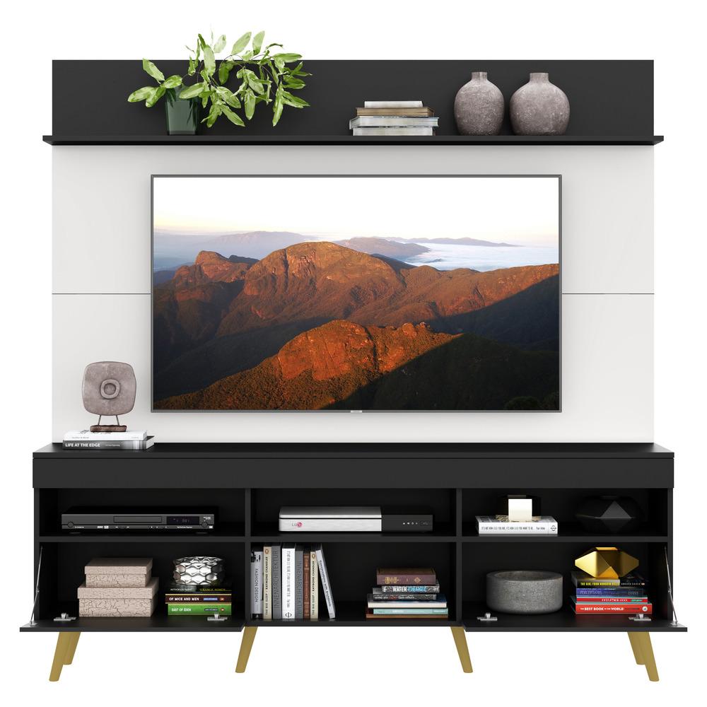 Rack com Painel e Suporte TV 65" Madri Multimóveis Preto/Branco com Prateleira e Pés Retrô Natural
