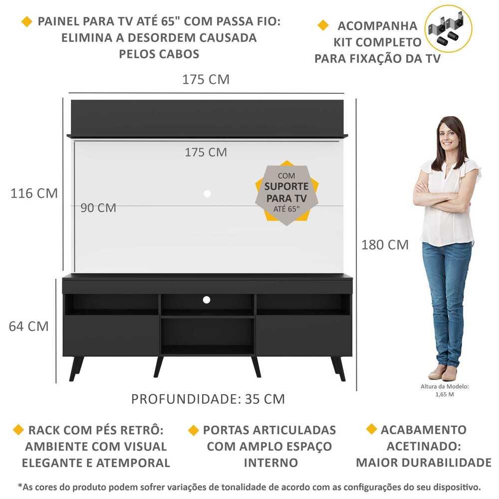 Rack com Painel e Suporte TV 65" Madri Multimóveis Preto/Branco com Prateleira e Pés Retrô Preto 