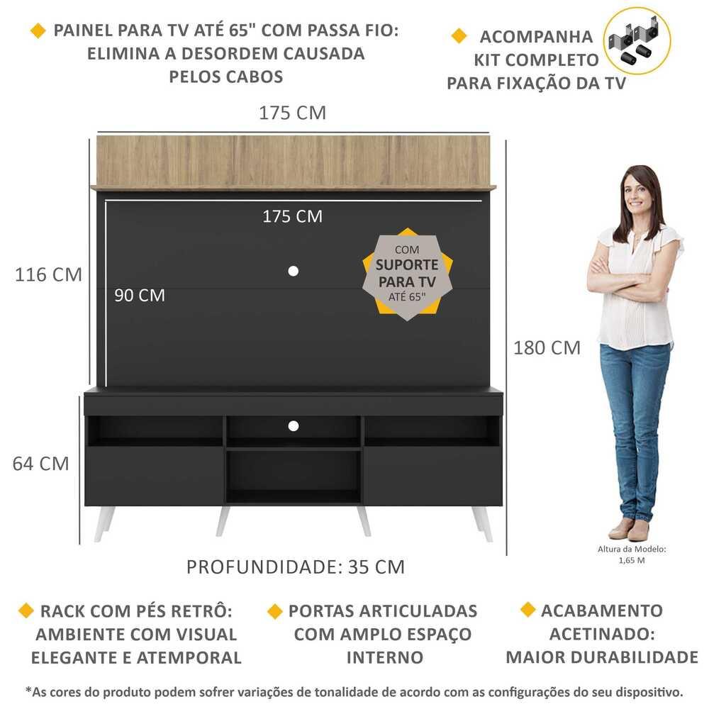 Rack com Painel e Suporte TV 65" Madri Multimóveis Preto/Rustic com Prateleira e Pés Retrô Branco