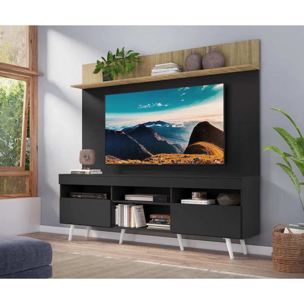 Rack com Painel e Suporte TV 65" Madri Multimóveis Preto/Rustic com Prateleira e Pés Retrô Branco
